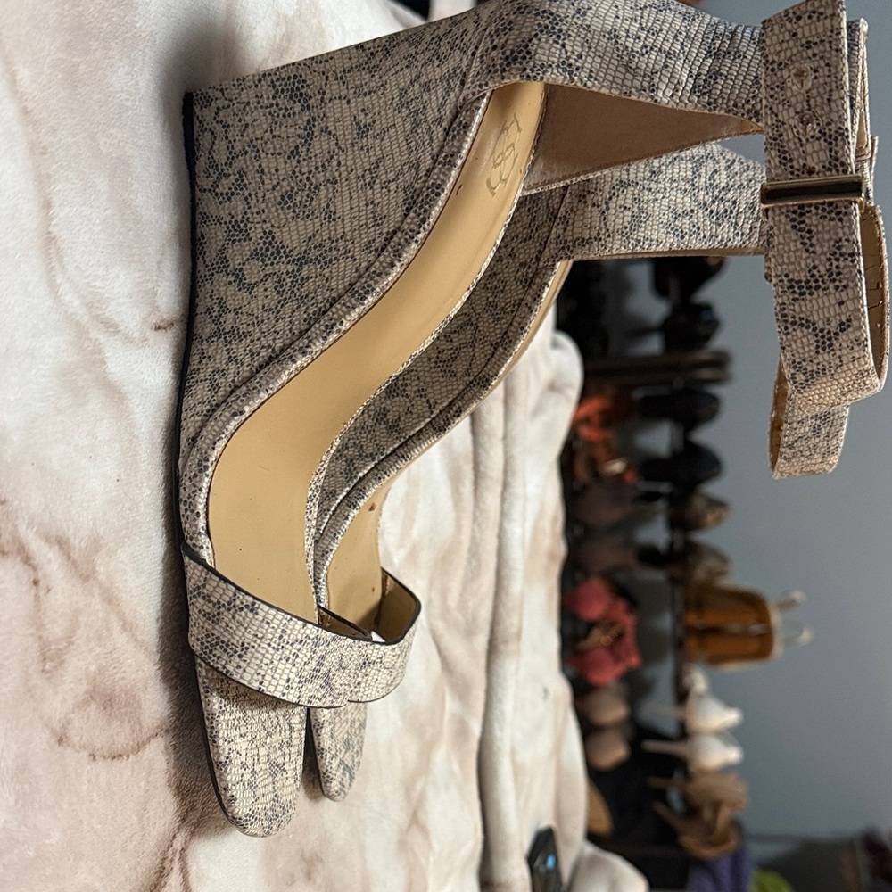 Anne Taylor Womens Neutral Snakeskin-Print Ankle Strap Sandals